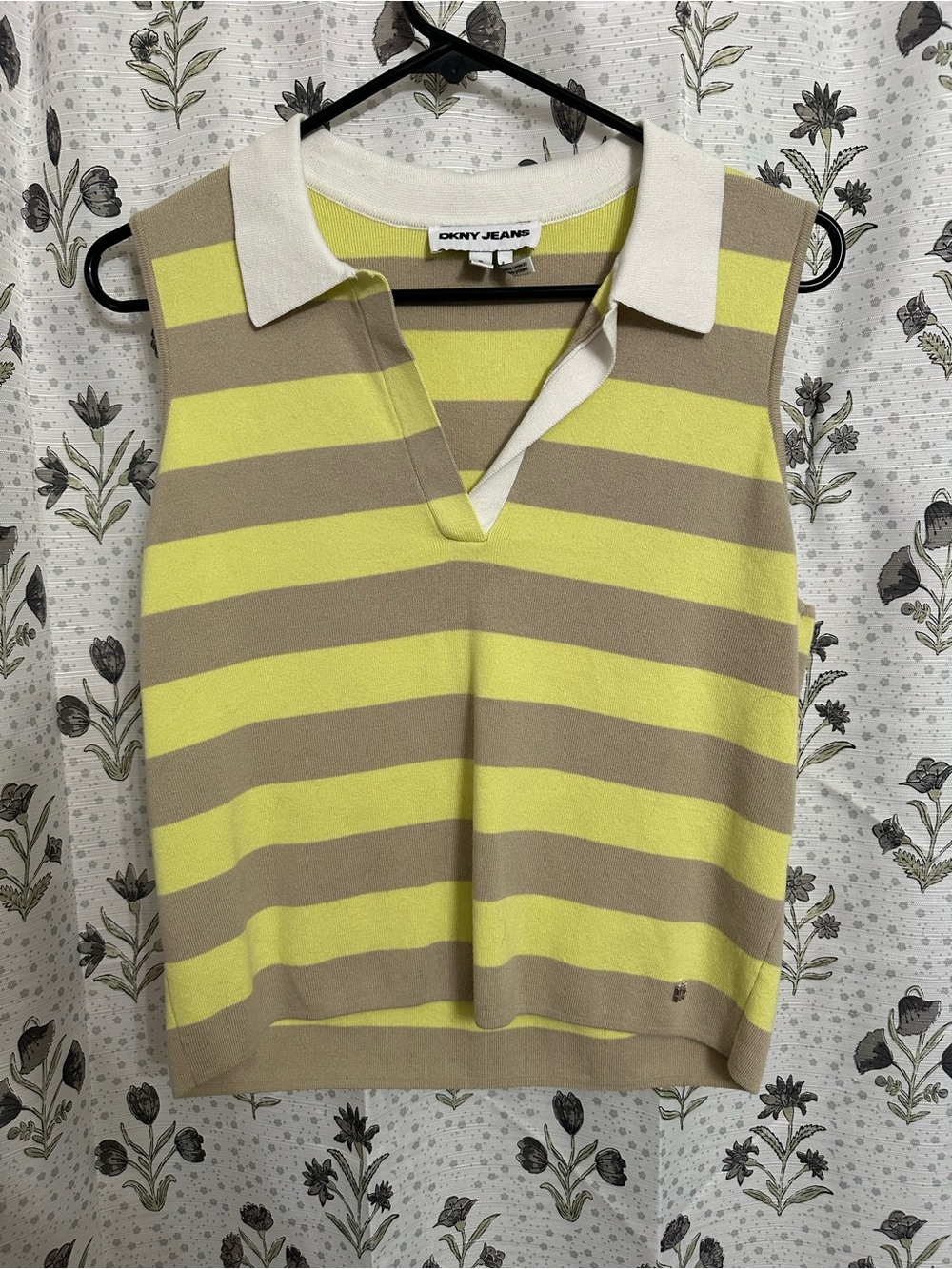 Dkny Yellow and Beige Striped Sleeveless Polo Tank